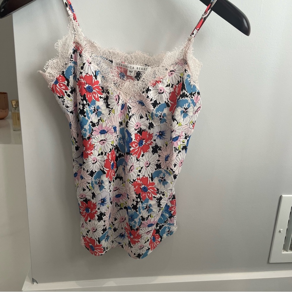 Veronica Beard Gil Floral Stretch-Silk Cami with Lace size 0 excellent condition